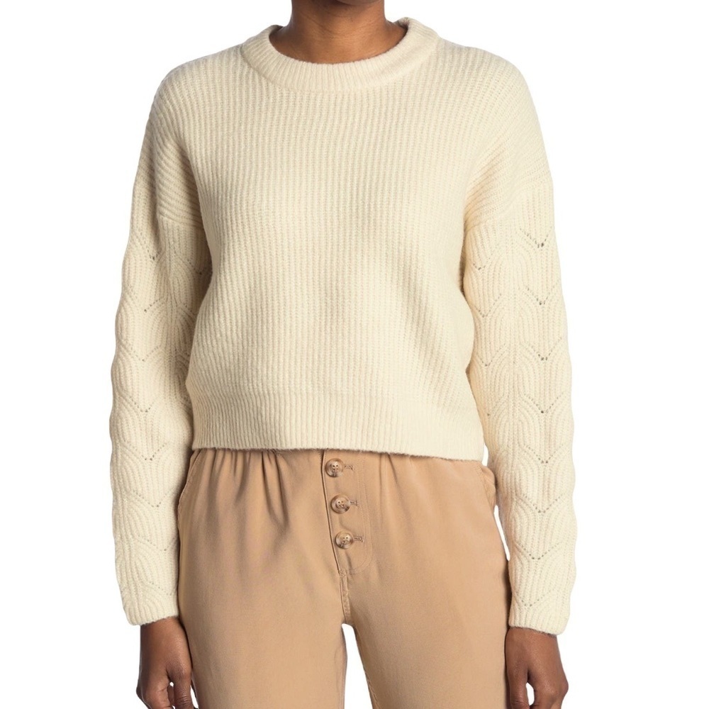 Elodie Pointelle Sleeve Crew Neck Sweater Ivory Cream XL NWT
